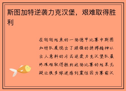斯图加特逆袭力克汉堡，艰难取得胜利